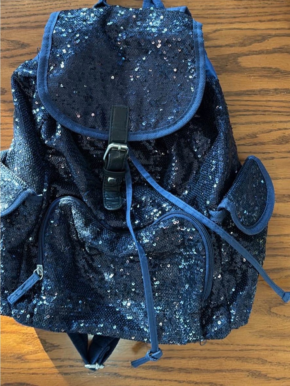Navy Sequin Drawstring Backpack